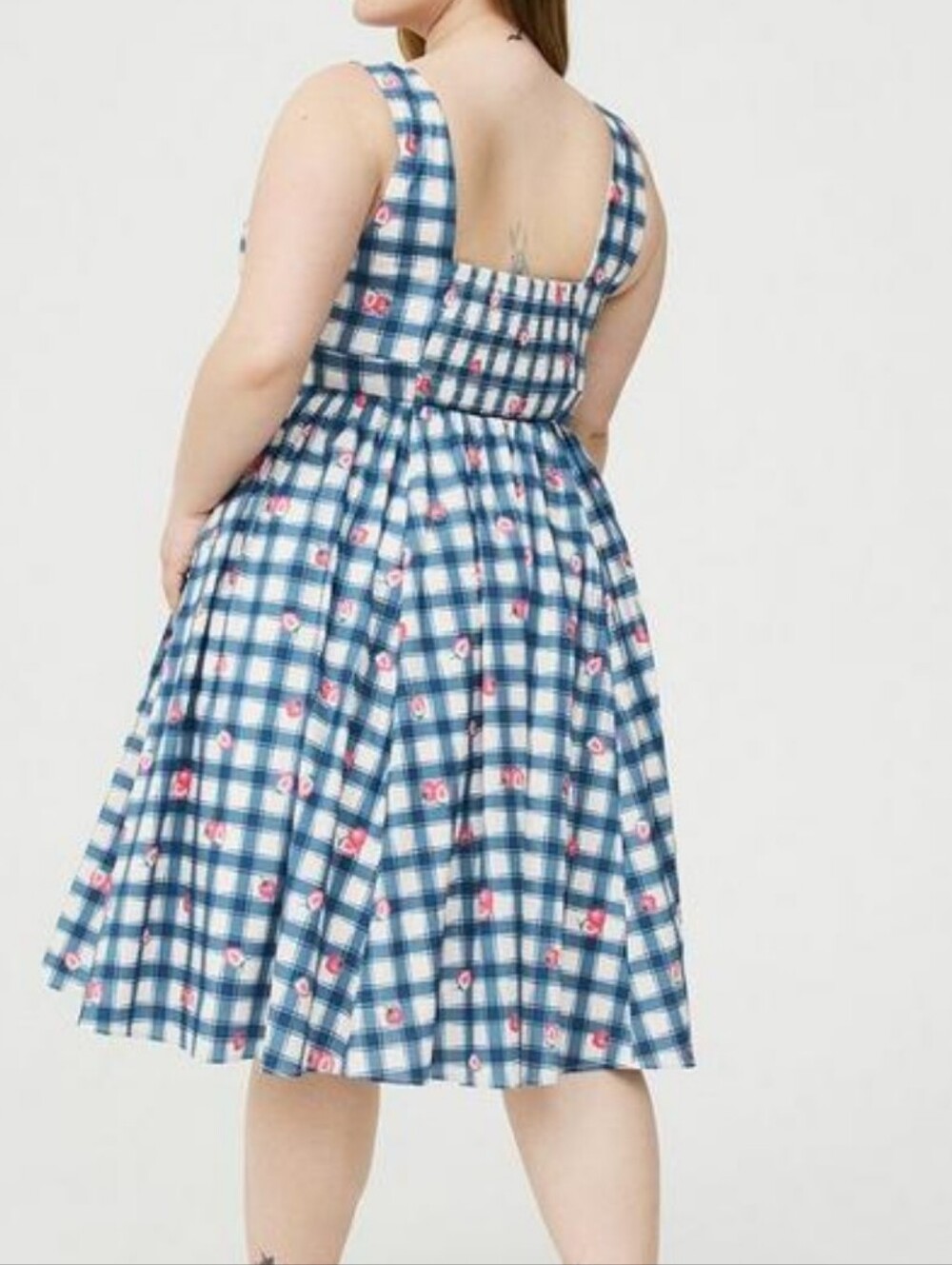 Torrid  retro chic V neck Bow Detail  Gingham Strawberry print Sleeveless Dress - Picture 4 of 11